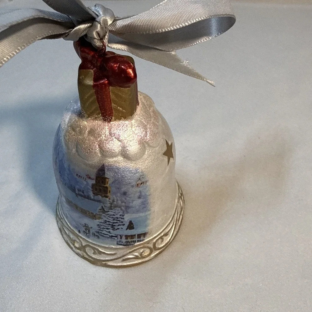 Vintage Porcelain Christmas Bell Ornament Winter Village Scene Gift Bow Top